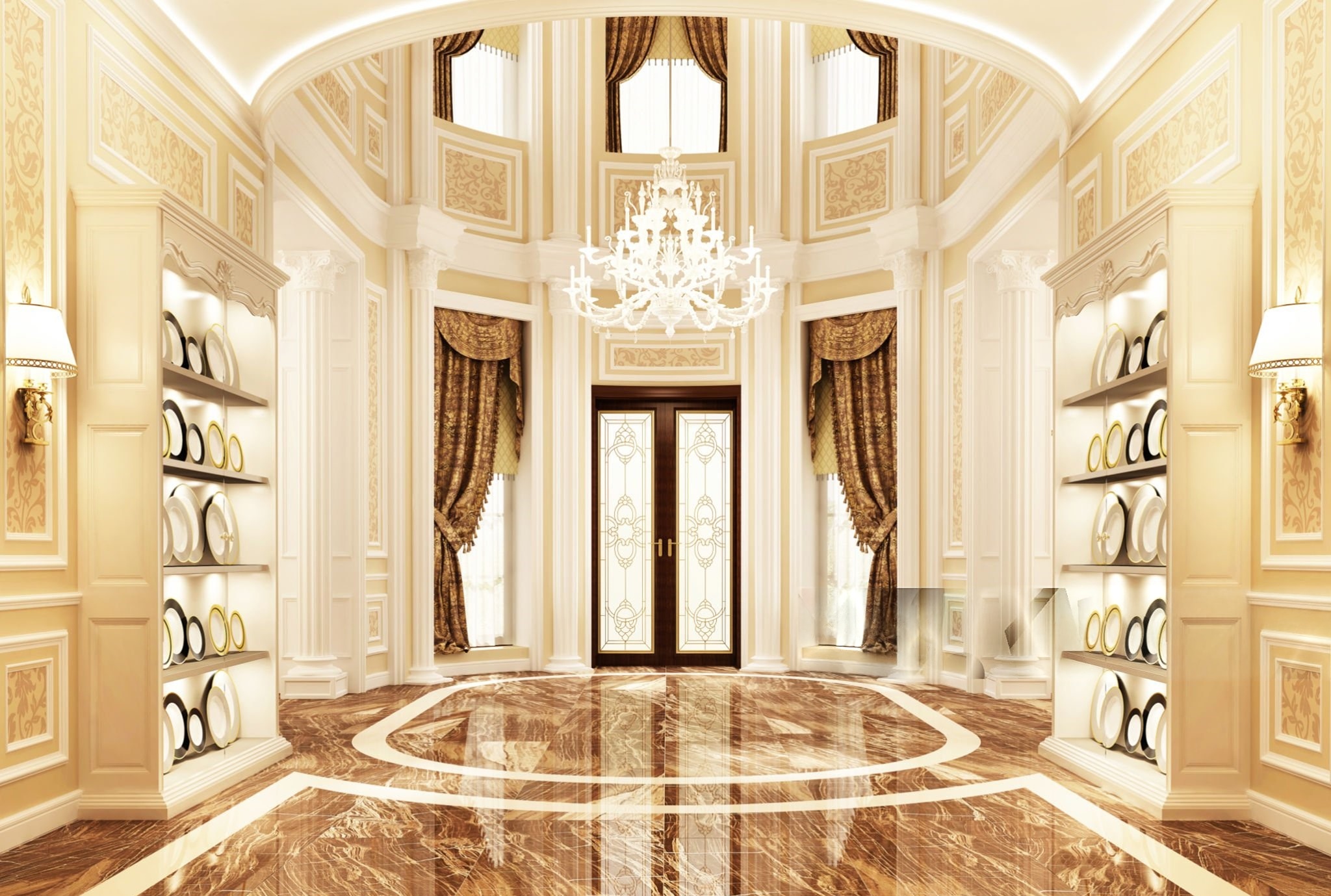 Hall Interior with Elegant Grand Entrance Chandeliers